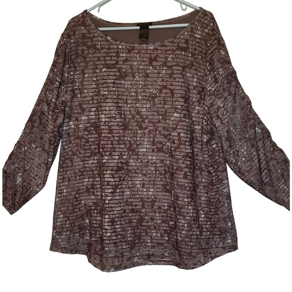 Multiples Tunic Top COPPER BROWN Ruched Sleeves Embellished Part Sheer PLUS 2X - Picture 1 of 16